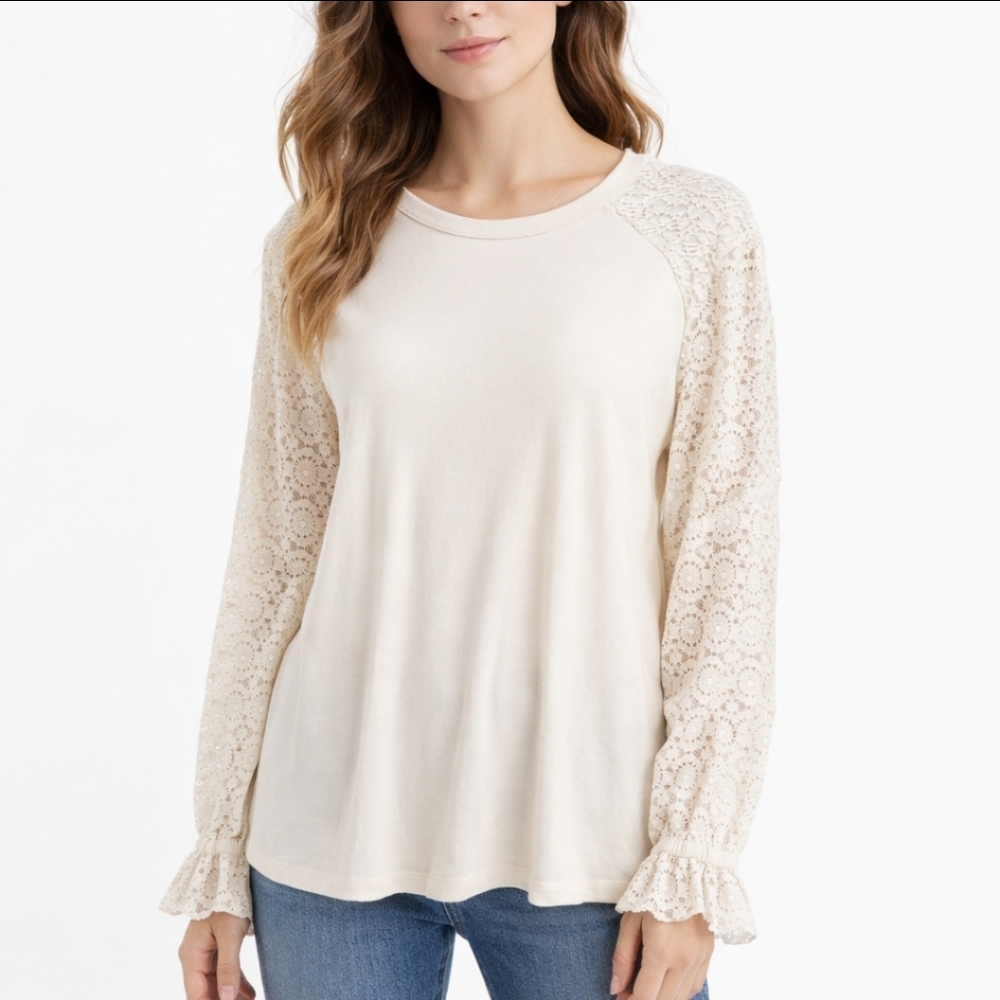 Chicos Cream Lace Long Sleeve Womens Spandex Blend Top Sz 4 (XXL)